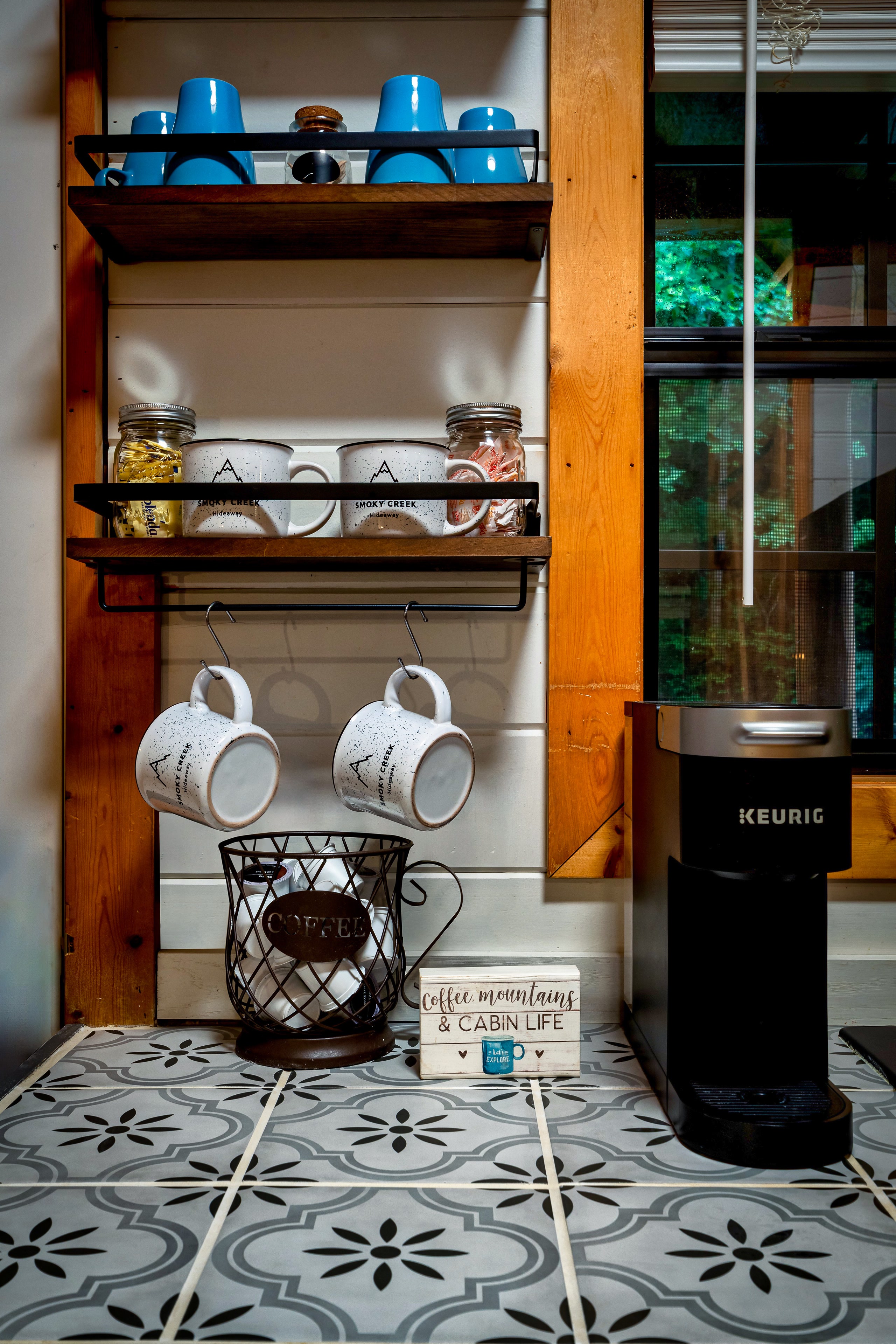 Coffee station with Keurig and shelving at Tennessee cabin rental