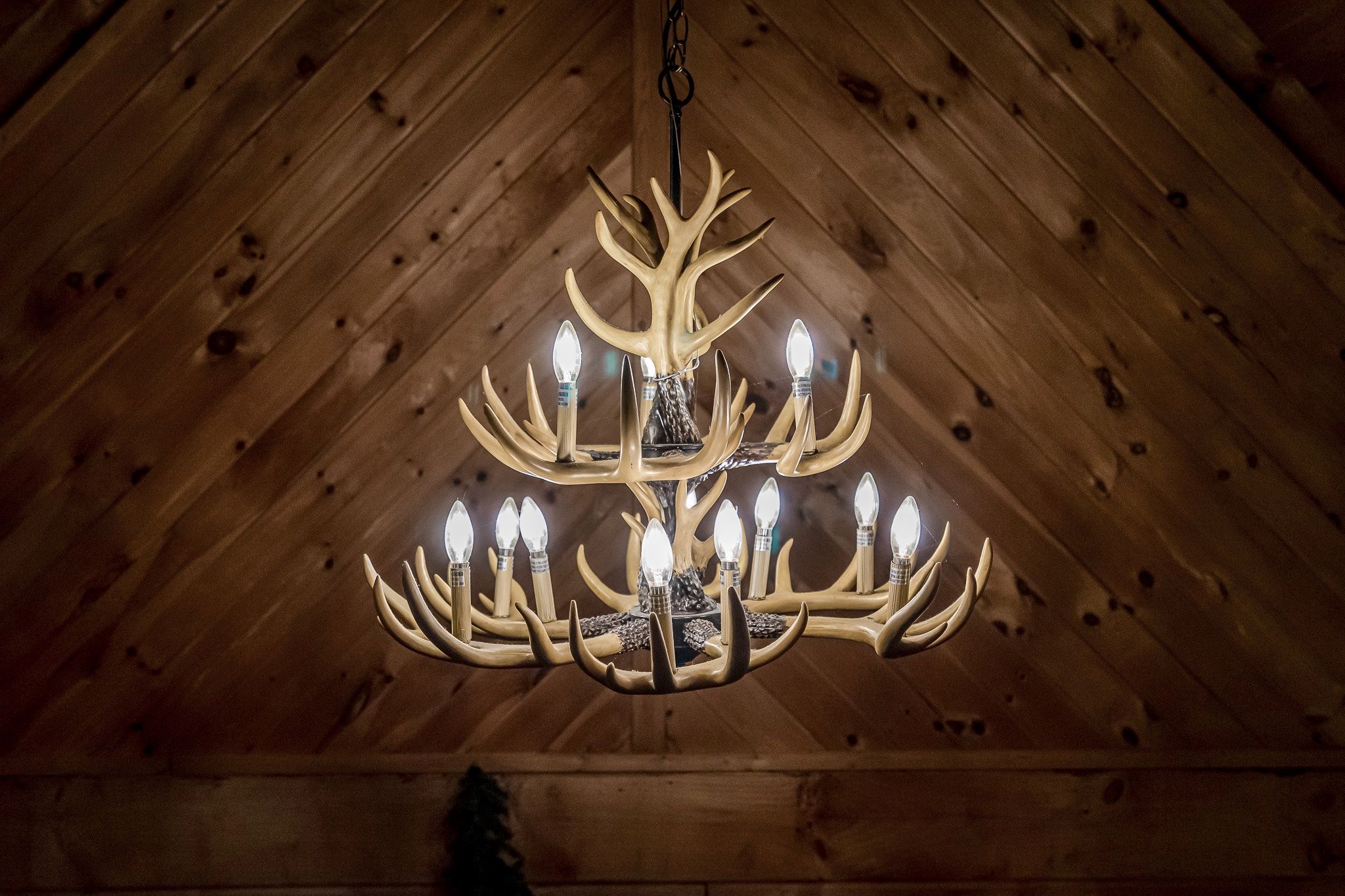 Antler chandelier in vaulted ceiling at Rustic Rooster cabin